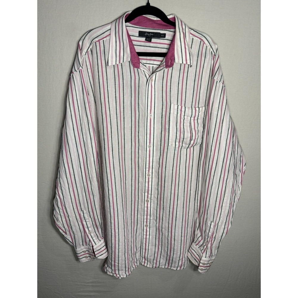 Sean John XXXL Linen Blend Striped Button Up Shirt Pink Black Long Sleeve 3XL